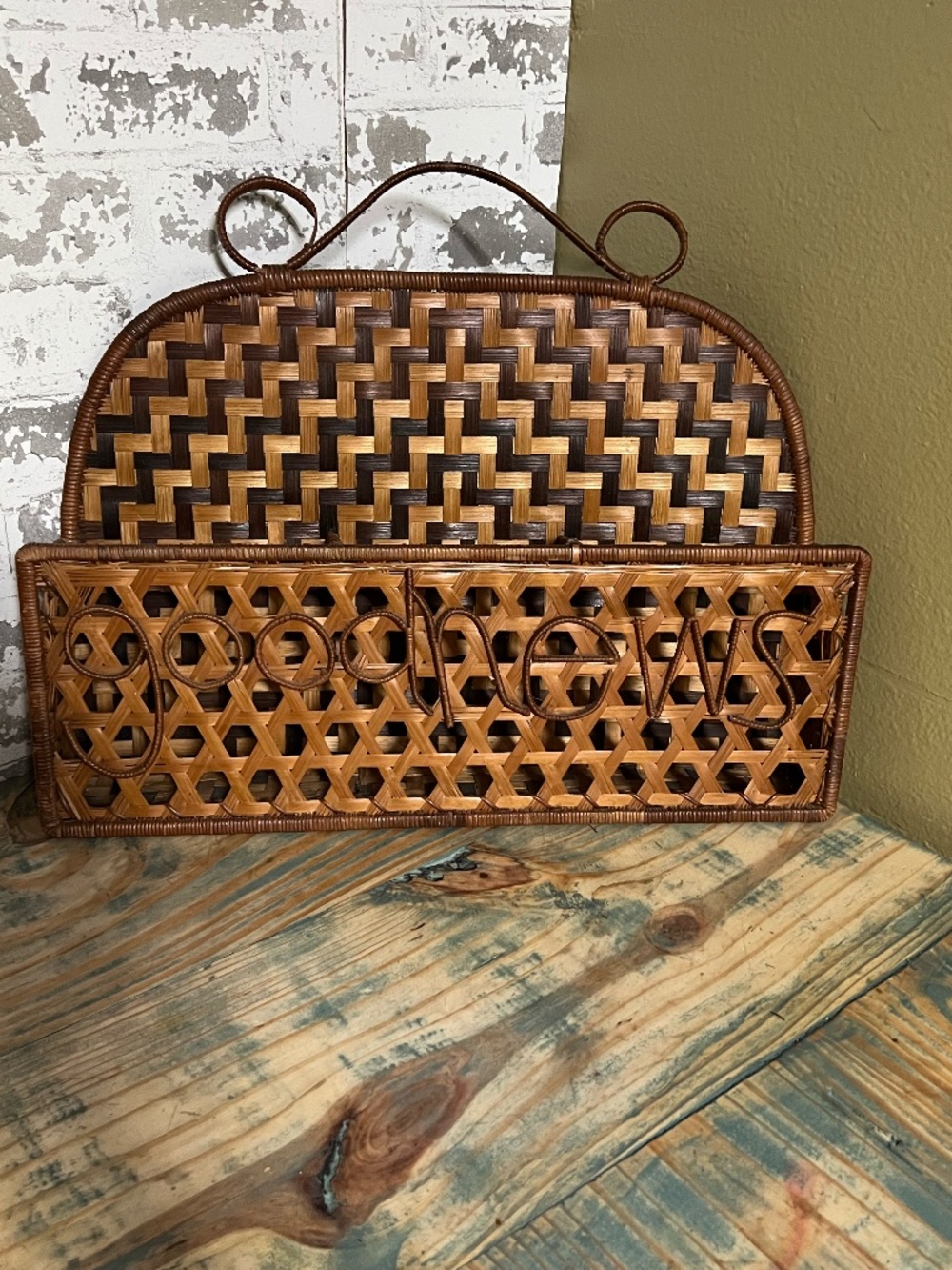 Vintage woven wicker & rattan mail organizer / letter holder wall pocket